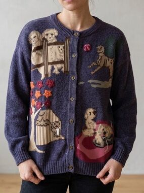 Vintage Northern Reflections Purple Puppy Button-Front Knit Cardigan Size Medium